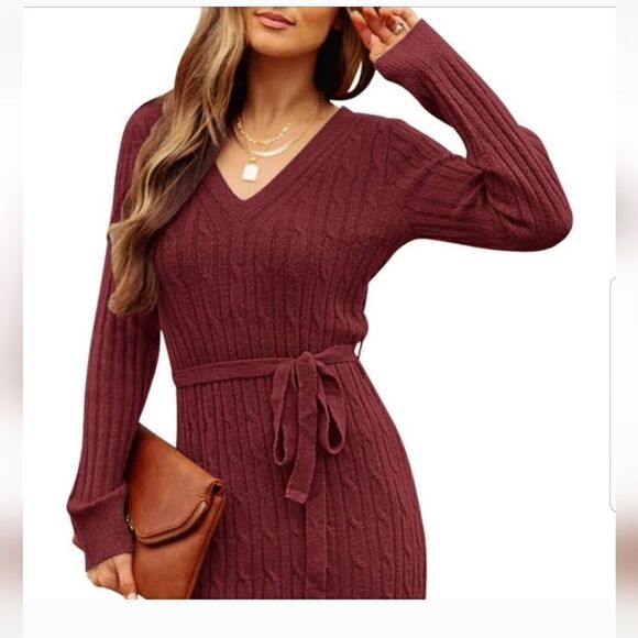 Fall Burgundy MEROKEETY Women's Cable Knit Midi Sweater Dress medium NWOT - Picture 2 of 10